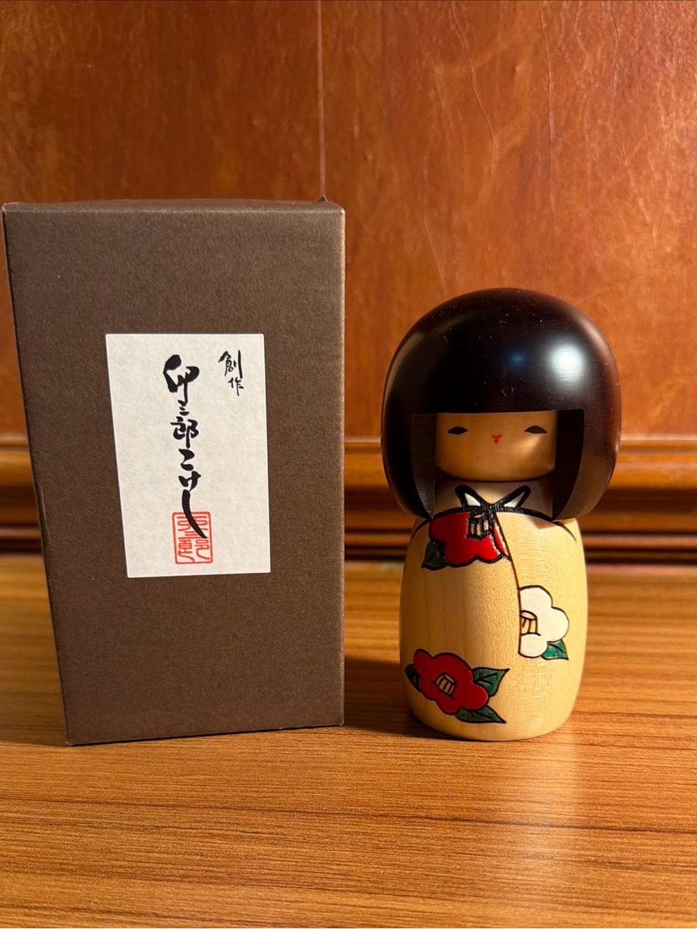 Authentic Usaburo Kokeshi Doll "Tsubaki" (Camellia) - Handcrafted Wood 5” w/ Box